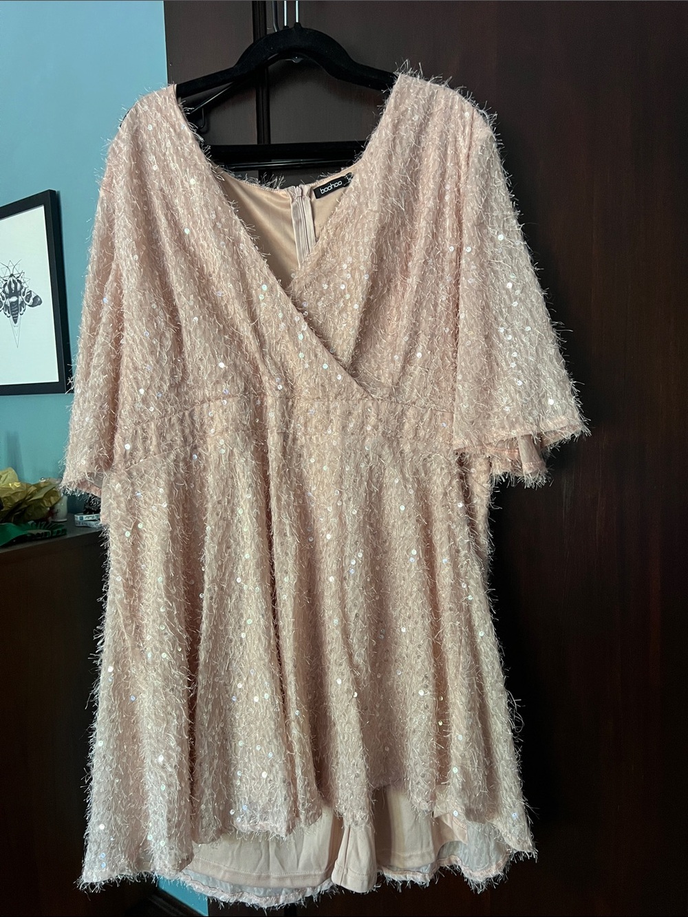 Boohoo Pale Pink Sequin & Feather Mini Dress